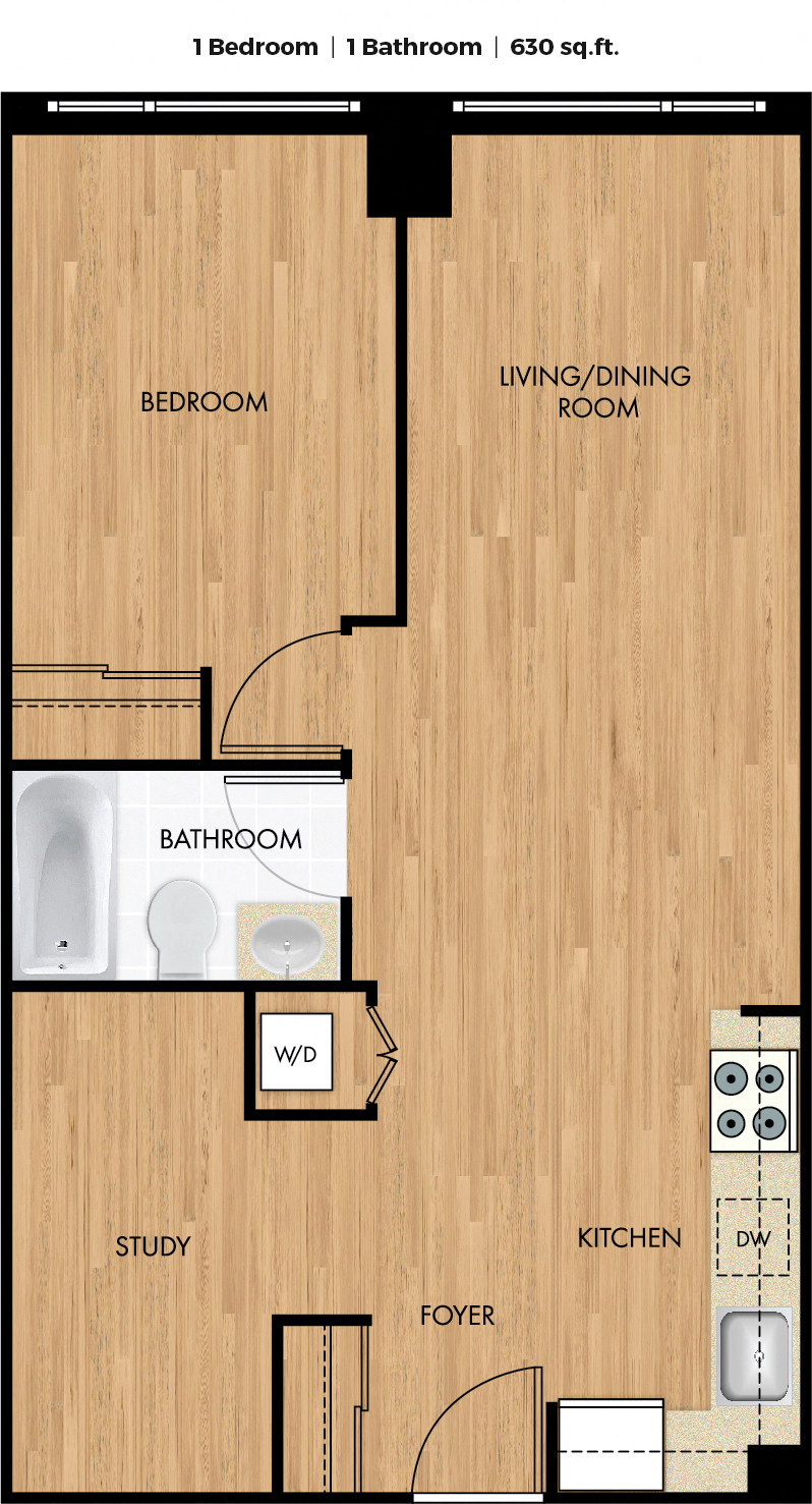 Floor plan for 1 bed, 1 bath, 725 sqft